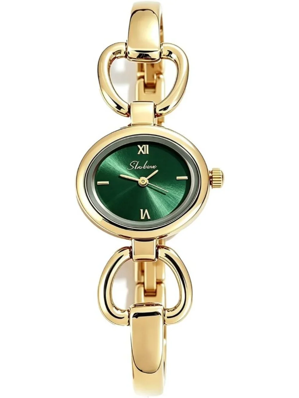 Women's Gold Green Oval Bracelet Minimalist Analog Dress Elegant Wrist Watch